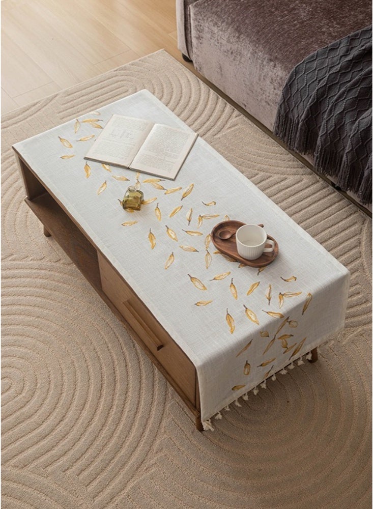 60×180cm Coffee Tablecloth Nordic Rectangle Pastoral Cotton Linen Tea Table Cloth Cover Kitchen Living Room Decor Fabric with Tassels Washer Dryer Fridge Top Dust Cover Grey(Gold Leaf) - Image 2